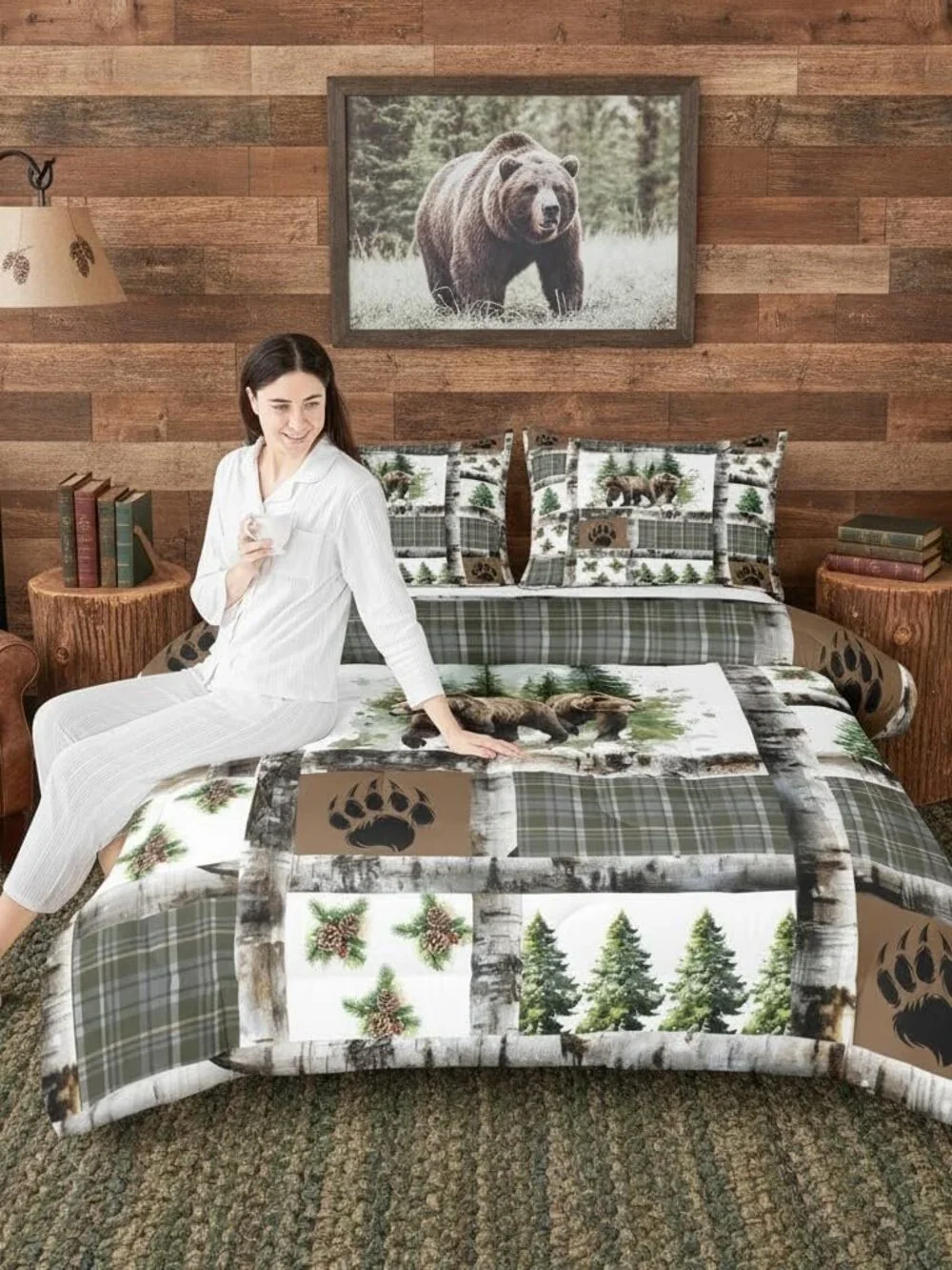 Rustic Bear Bedding Set Hunting Theme Comforter Set for Kids Boys Girls Bear Paw